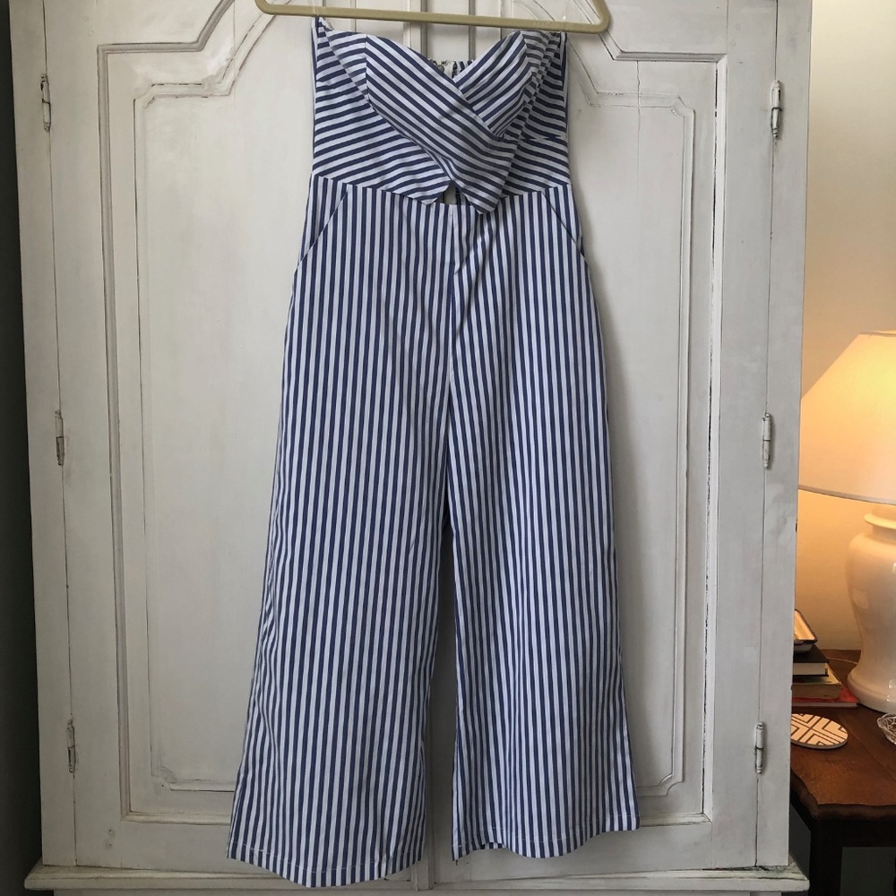 Blue and white Privy striped jumpsuit romper